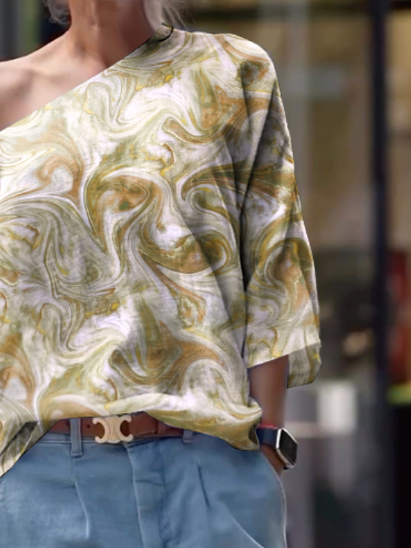 Long Sleeves Loose Printed One-Shoulder T-Shirts Tops