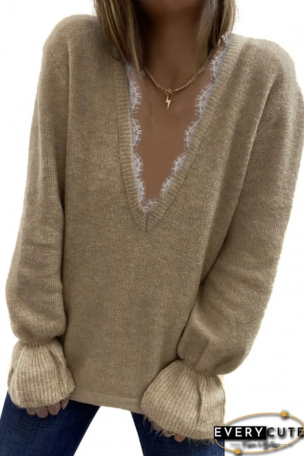 Khaki Eyelash V Neck Knitted Sweater