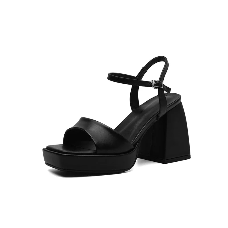 Meotina Women Genuine Leather Shoes Super High Heel Platform Sandals Buckle Thick Heel Square Toe Ladies Sandals Summer Black
