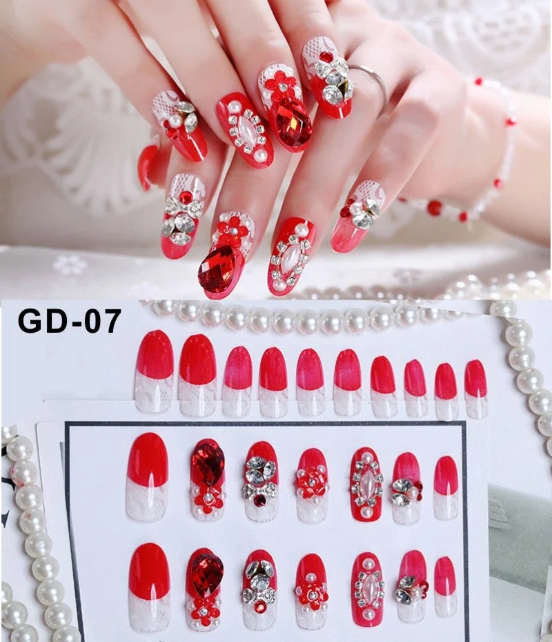 24Pc Rhinestone False Nails Bride Wedding Party Fake Nail Luxury Nail Art Faux Ongles Lady Full Nail Tip Patch with Glue Sticker-Nail Inspo