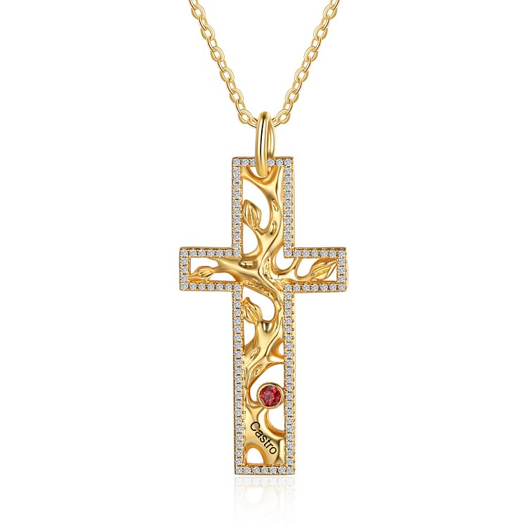 Cruz collar colgante 1 nombre personalizado con 1 piedra de nacimiento