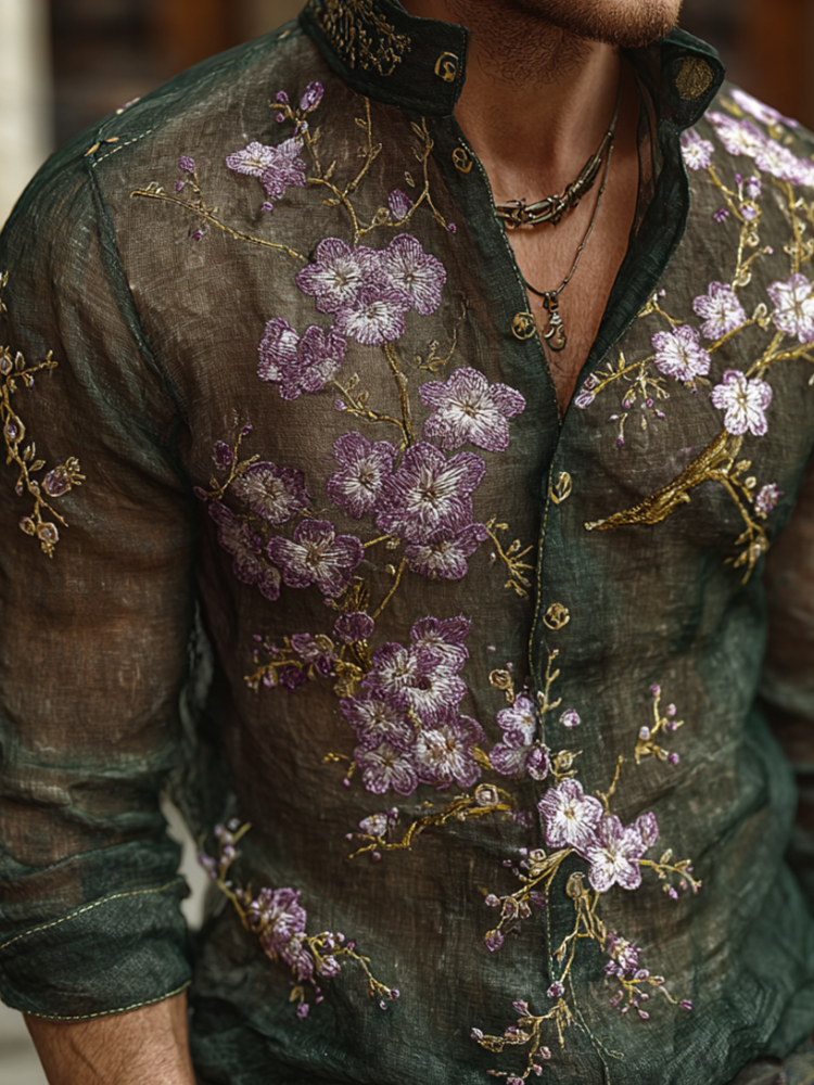 Bohemian Style Embroidered Flower Men's Long-sleeved Shirt  artssus