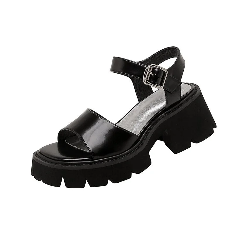 Vstacam 2022 Women Shoes Genuine Leather Platform High Heel Square Toe Sandals Buckle Chunky Heel Cow Leather Lady Footwear Summer 42