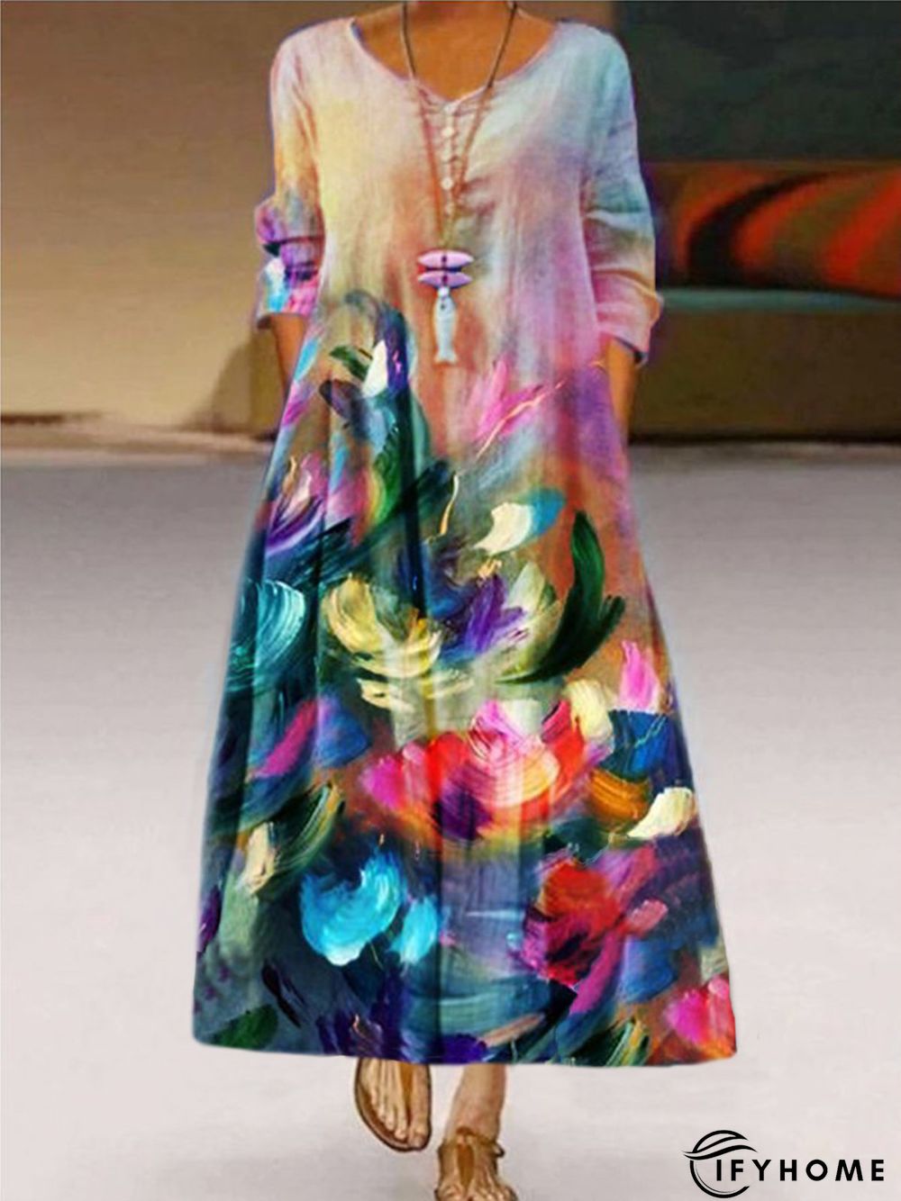 Casual 3/4 Sleeve Printed Weaving Dress | IFYHOME