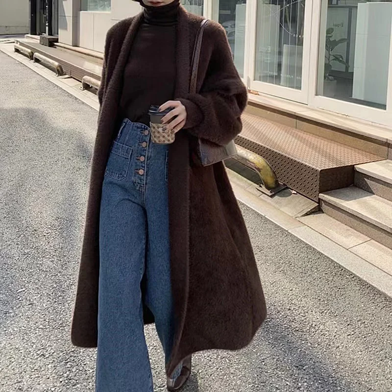 Churchf Churchf Sister Wind Long Cardigan Coat Knitting Female Autumn Winter Gentle Wind Loose Lazy Imitation Mink Milk Fufu Sweater