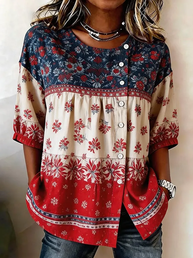 Women's Cotton-Linen Top With 250th Anniversary Botanical Floral Digital Print 