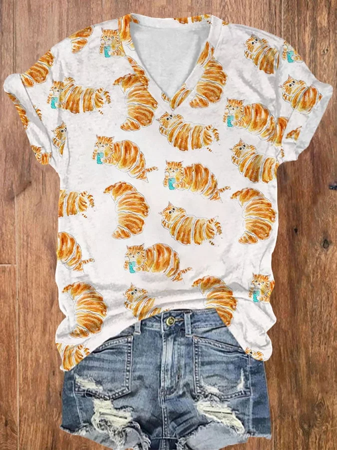 Women's The Croissant Cat On The Phone V Neck T-Shirt socialshop