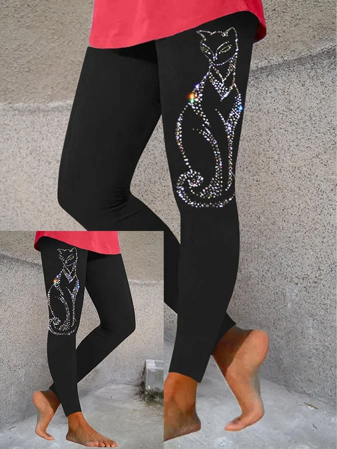 Women's Elegant Cat Glitter Art Print Leggings