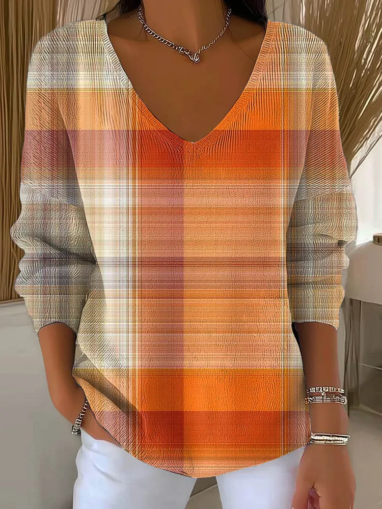 Women's Plaid Pattern Art Print Casual Pullover Sweater