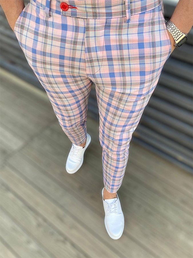 Men's Casual Pink Plaid Pants