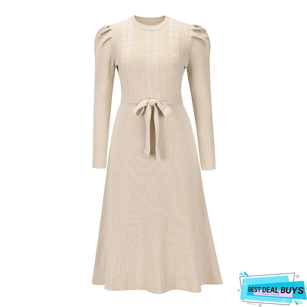 Bubble Long Sleeve Knitted Skirt Medium Long Wool Dress Black Dresses