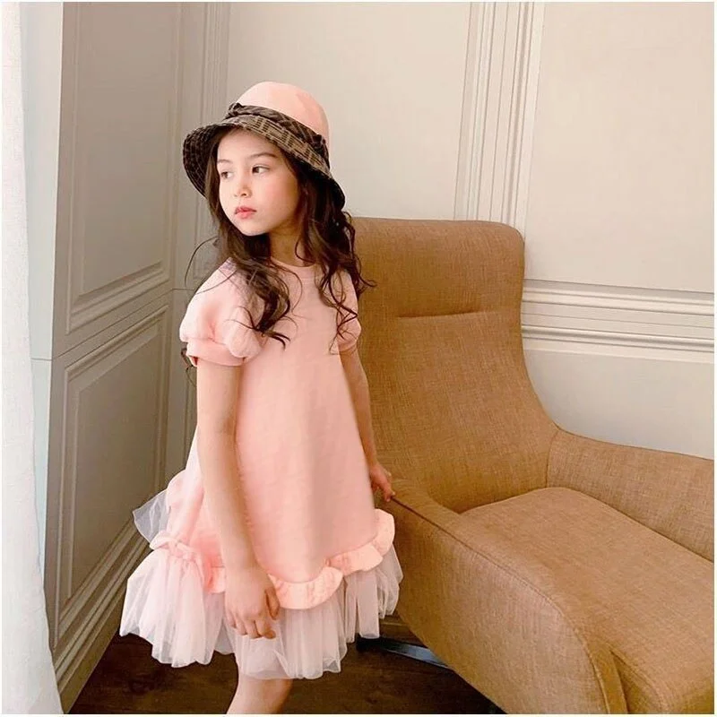 Girls' Pink Fashion Mesh Stitching Shortsleeved Dress Girls Clothes 2
