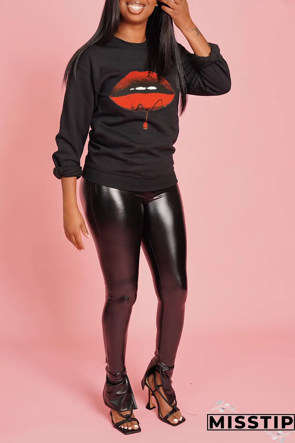 Black Street Vintage Lips Printed Patchwork O Neck Tops