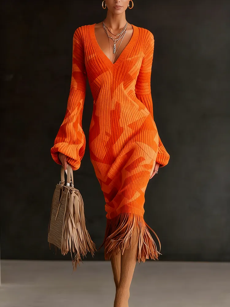 Printed Textured Knitted Tassel Hem Long Sleeve Midi Dress
