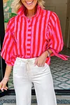Women's Red Stripe Tie Puff Sleeve Button Down Shirt