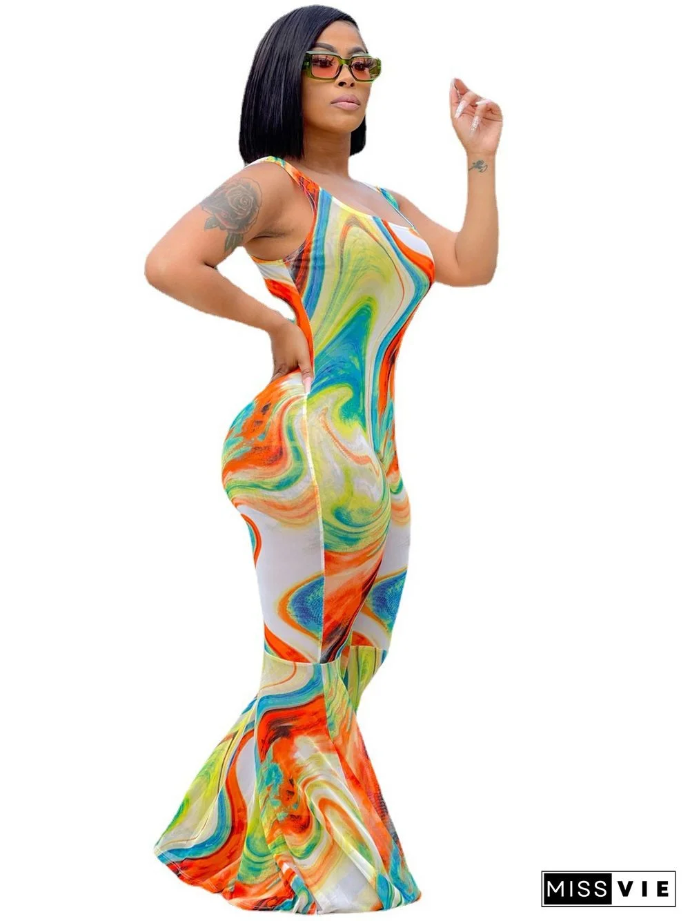 Summer Womens Clothing Casual Tie Dye Print Sleeveless Low Neck Backless Streetwear Bodycon Flare Jumpsuit