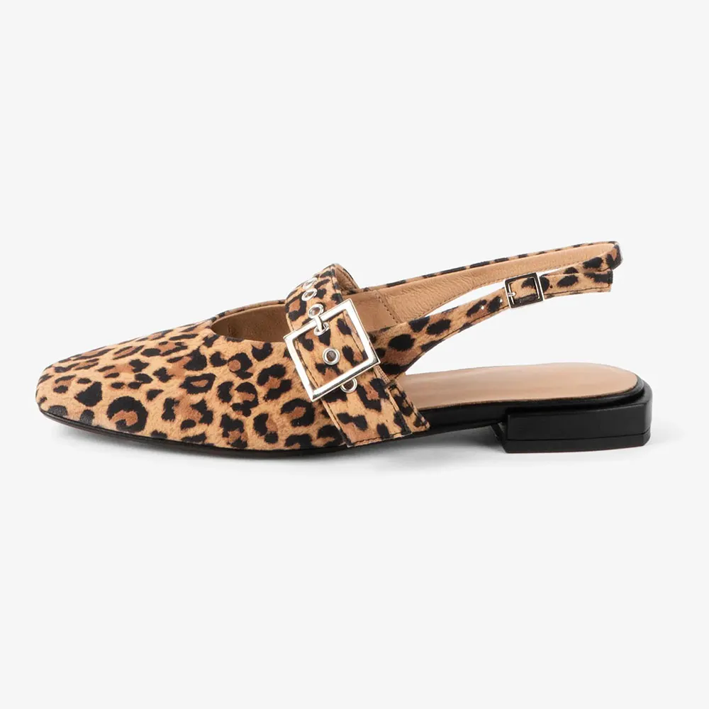 Brown & Black Square Toe Leopard Print Slingback Flats with Grommet