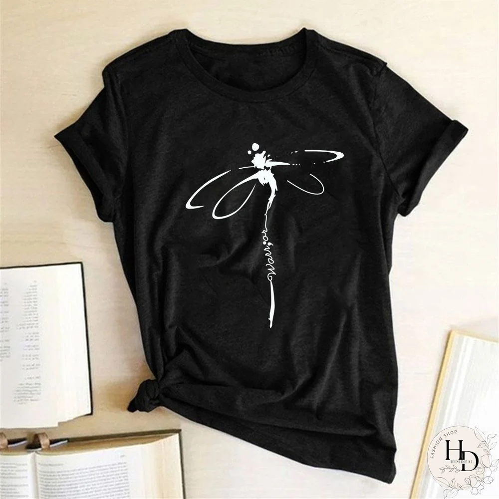 Harajuku Summer Women T-shirt Dragonfly Print Graphic Tee T Shirts Short Sleeve Loose Tops Ladies Woman Clothes Plus Size