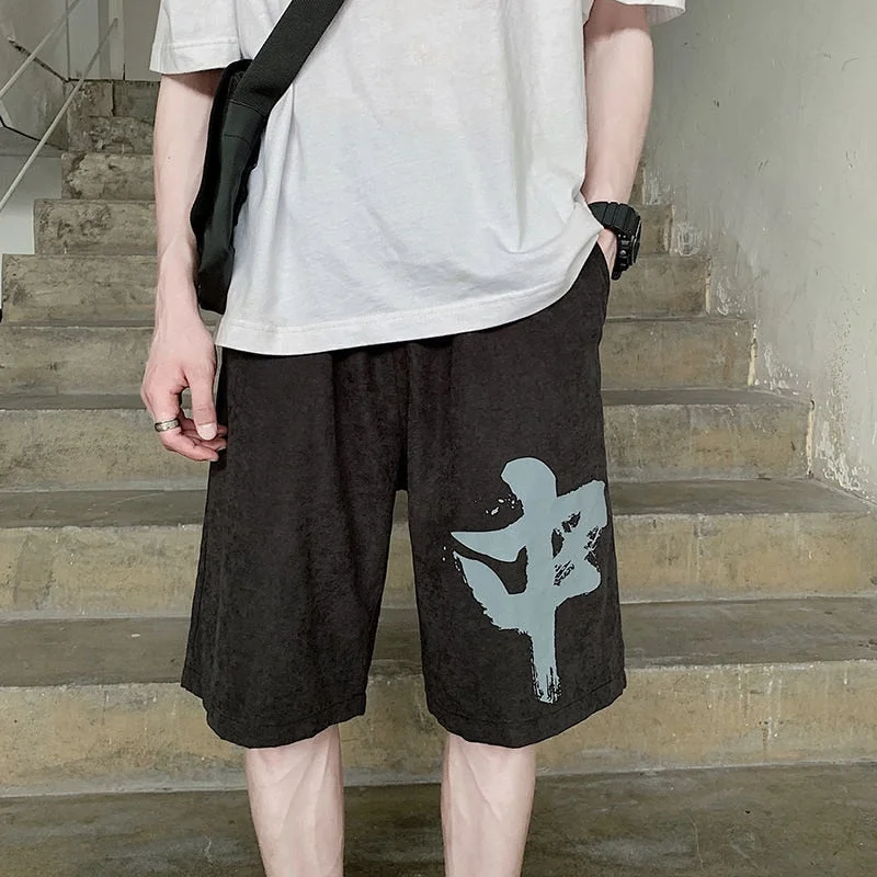 Aonga Summer Fashion Men Shorts Chinese Printed Wide Leg Male Casual Short Trousers Oversize Knee Length Elastic Waist Pants