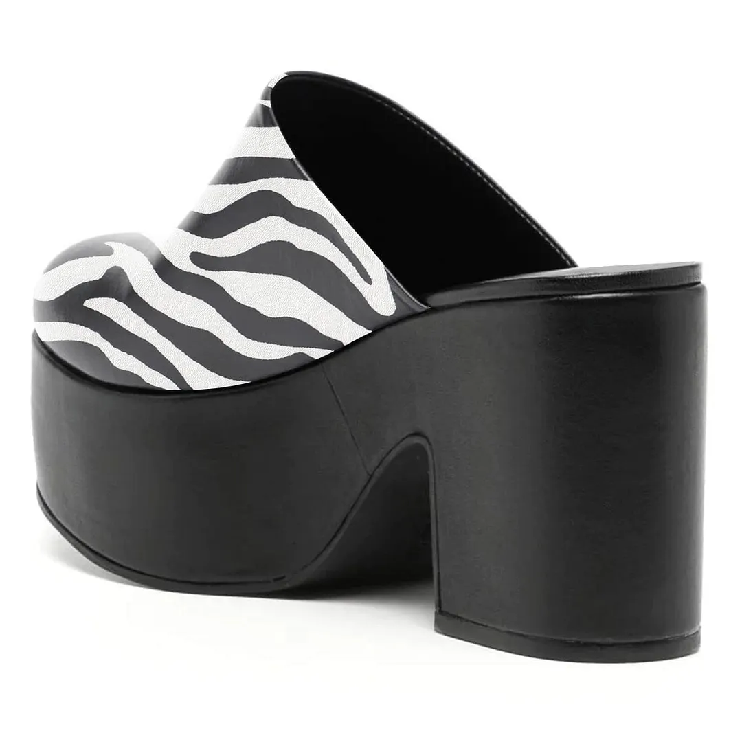 Black & White Block Heel Zebra Print Platform Women's Mules Shoes
