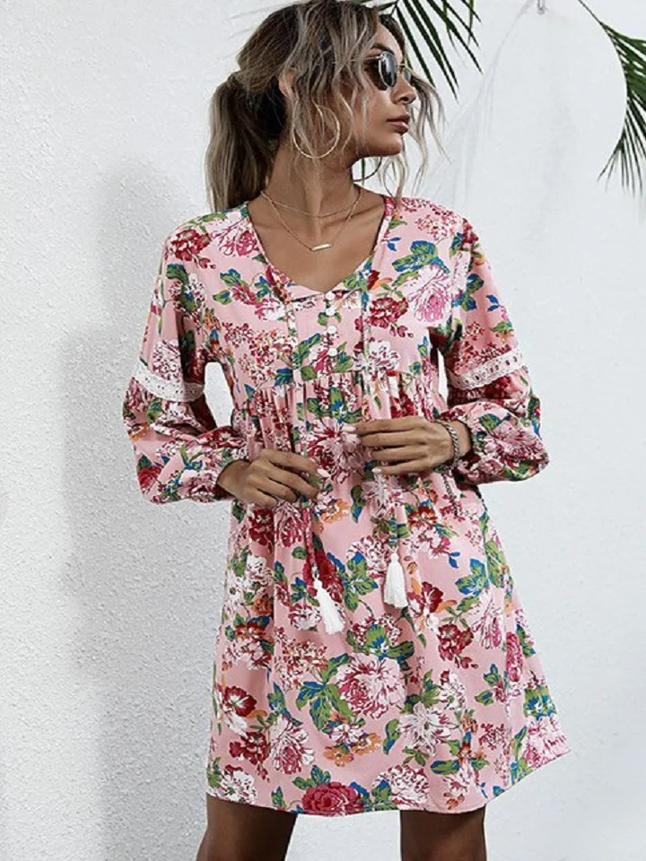 V-Neck Printed Long Sleeve Dress