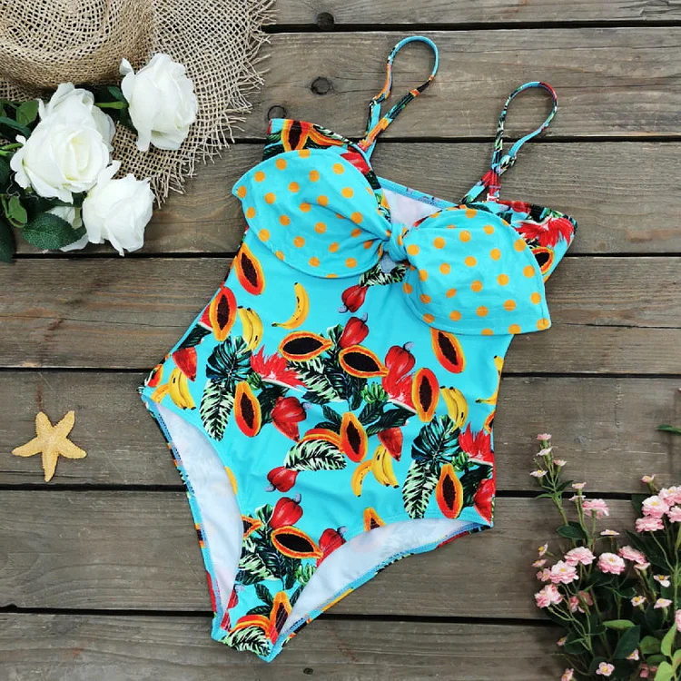 Flaxmaker Papaya Print Bowknot Decor One Piece Swimsuit and Sarong
