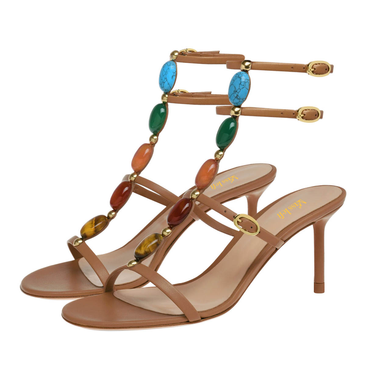 Tan Buckle T-Strap Open Toe Stiletto Heeled Sandals with Jewel Accents Nicepairs
