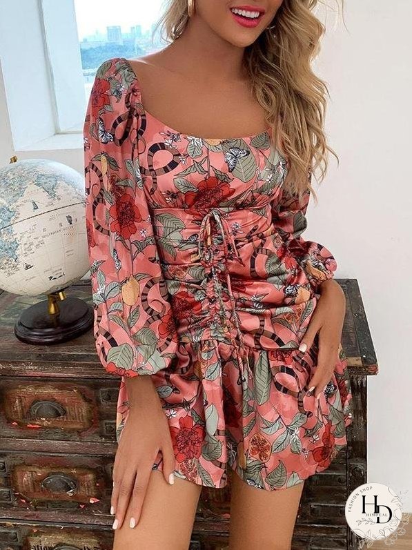 Drawstring Knot Floral & Butterfly Dress for Women
