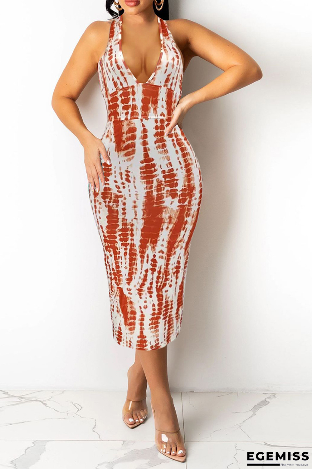 Tangerine Red Sexy Print Patchwork Halter Pencil Skirt Dresses | EGEMISS