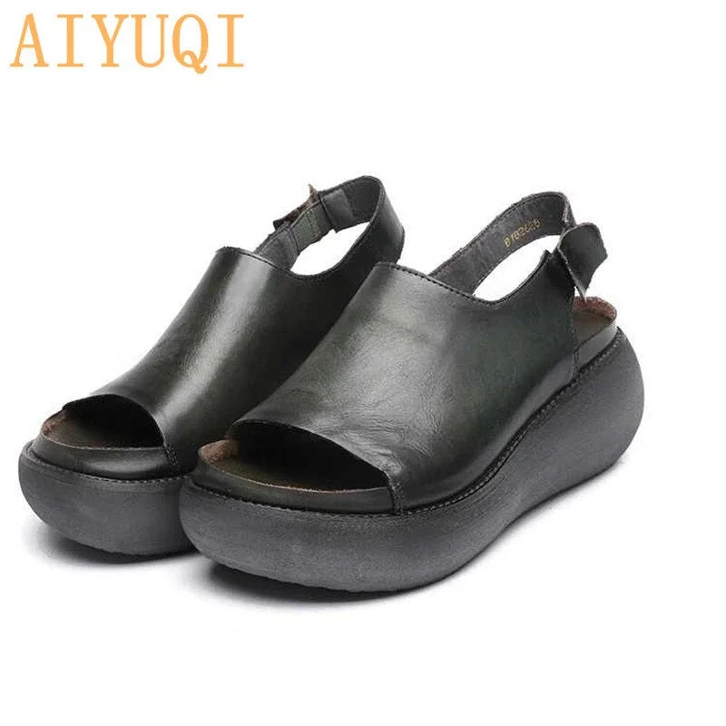AIYUQI Sandals Female 2021 Summer Genuine Leather Retro Women Sandals Platform Flat Casual Shoes European Roman Sandals Women