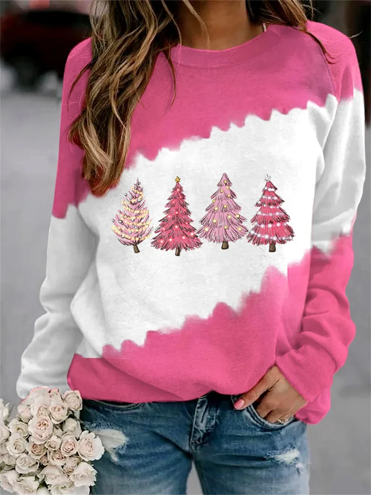 Wearshes Pink Christmas Tree Colorblock Crewneck Sweatshirt