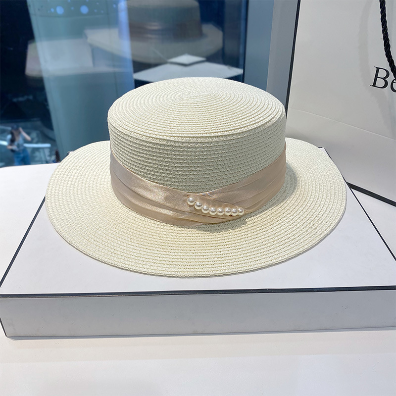 Vacation Khaki Satin Ribbon Pearls Straw Hat 2024 - Flycurvy 