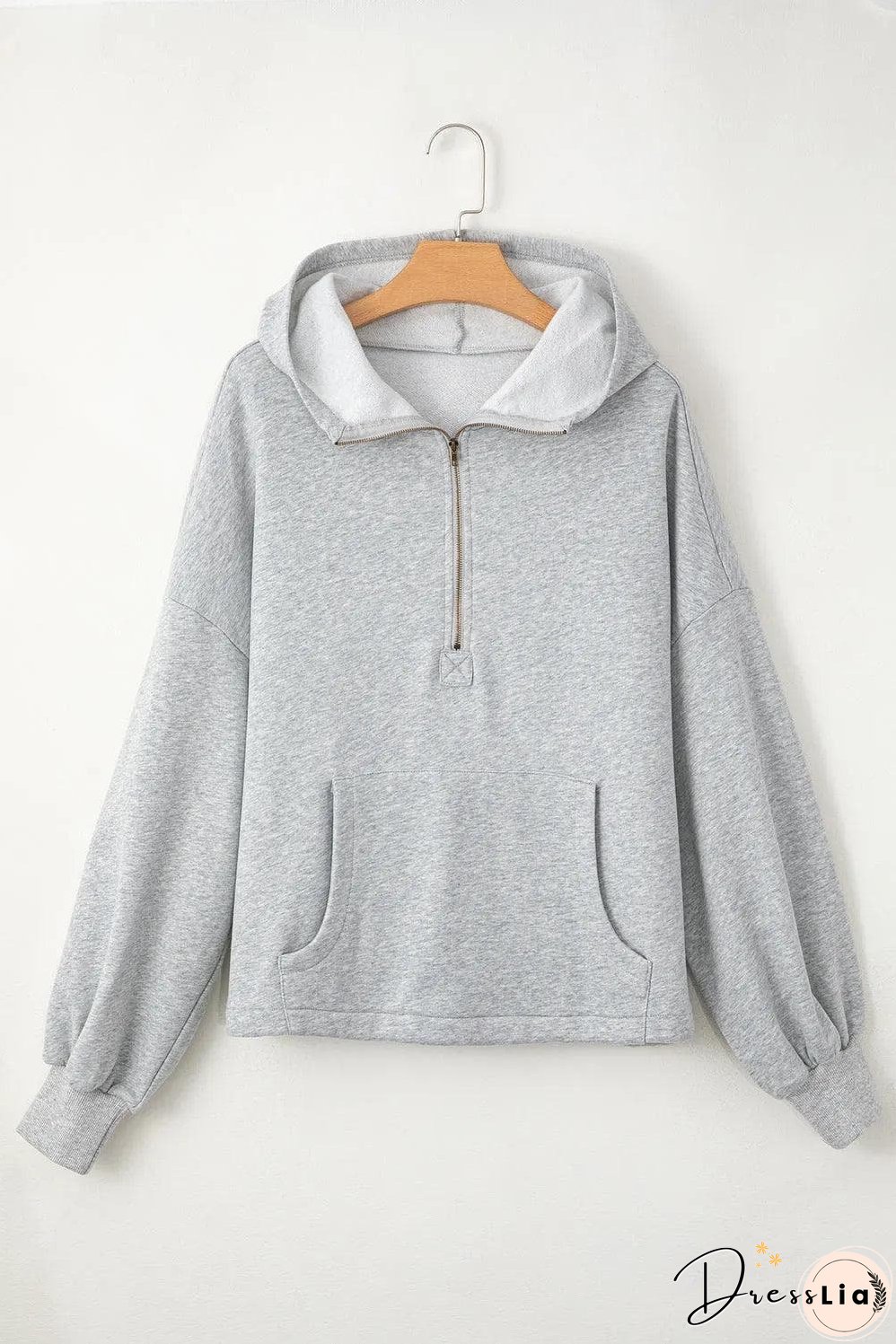Light Grey Fleece Lined Half Zipper Kangaroo Pockets Loose Hoodie