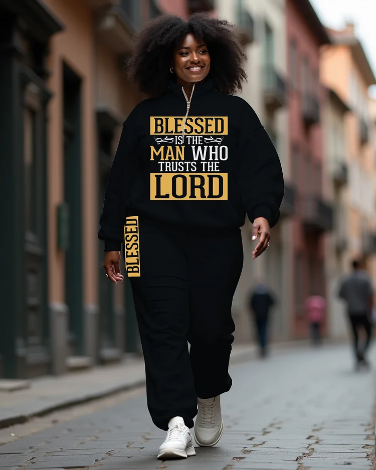 Women's Plus Size Lettering Print Zip-up Stand-up Collar Sweatshirt and Casual Pants Set