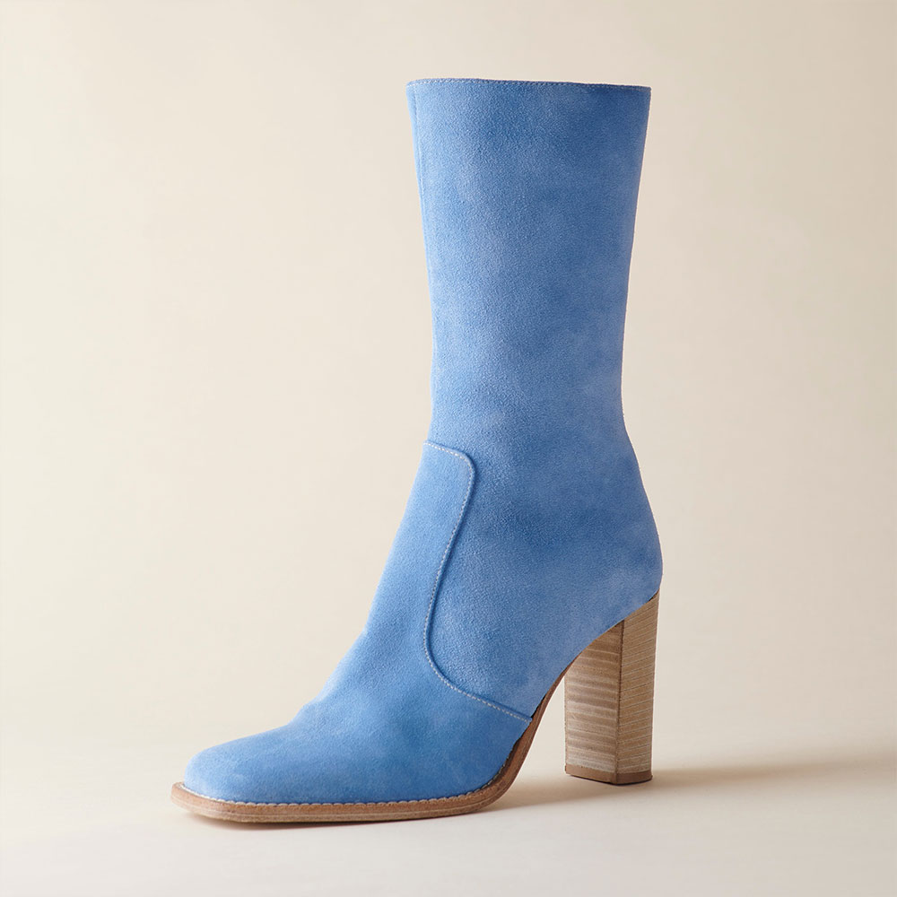 Light Blue Vegan Suede Chunky Heel Square Toe Short Boots for Women Nicepairs