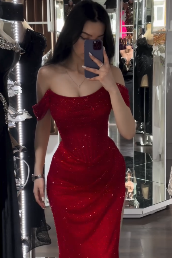 Charming Red Sparkling Off-The-Shoulder Strapless Split Strapless Prom Dress | ZT0218