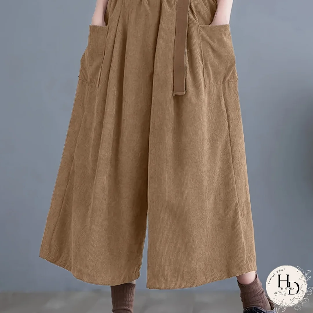 Solid Cropped Wide Leg Pants, Casual Corduroy Pants With Pocket, Women's Clothing
