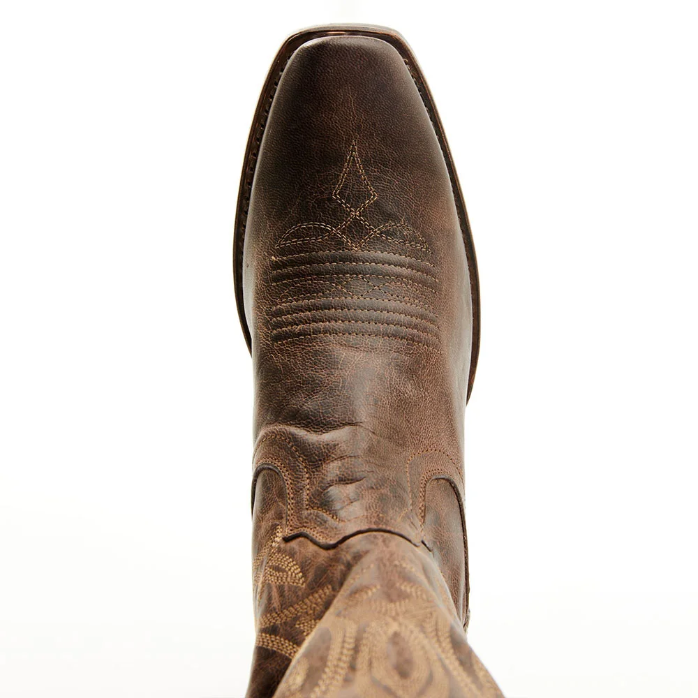 Brown Distressed Square Toe Chunky Heel Embroidered Cowgirl Boots