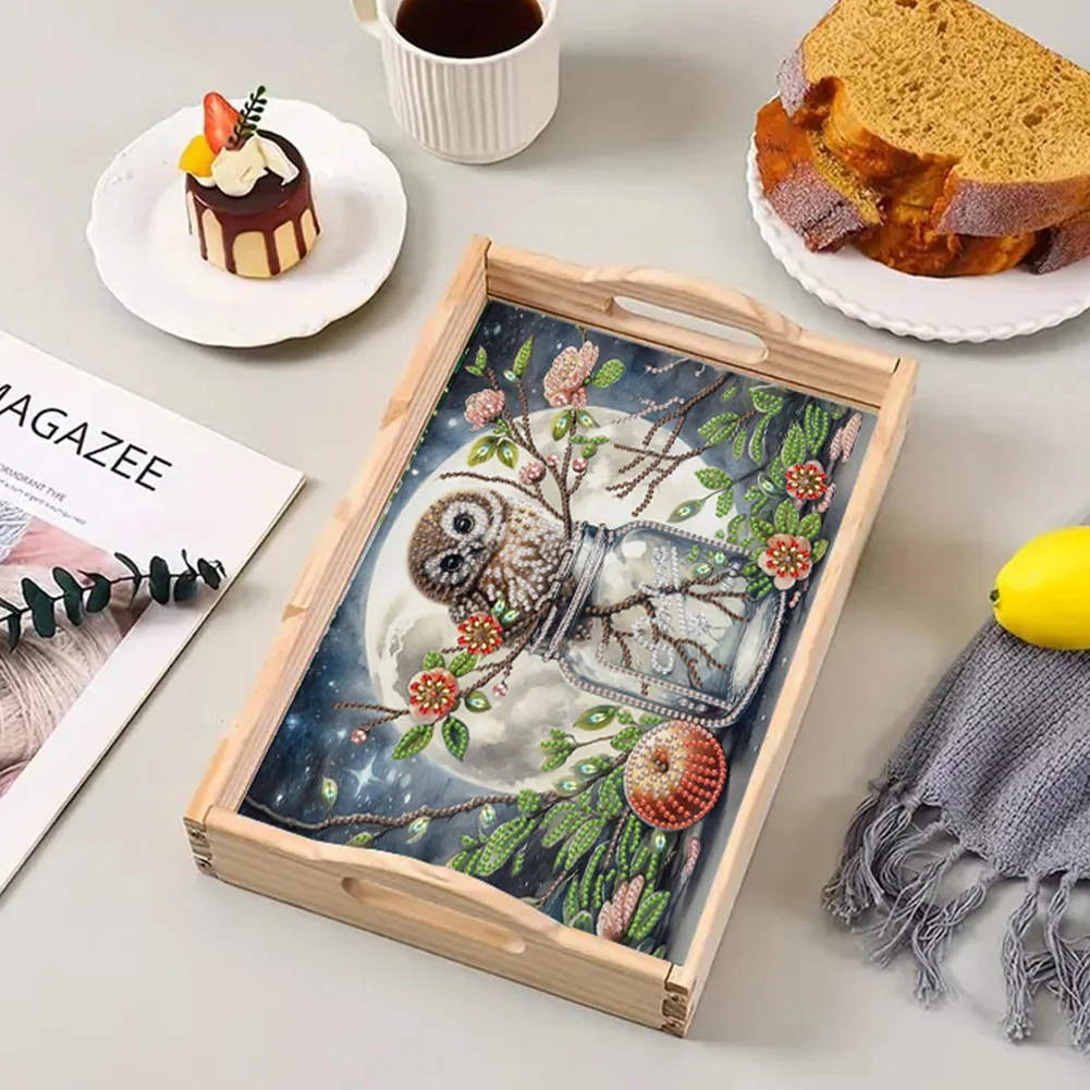 DIY Wooden Moon Vase Owl Diamond Decorative Serving Tray with Handle for Home(30*20cm)
