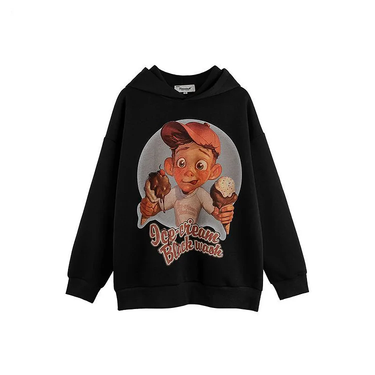 Retro Fun Cartoon Boy Printed Hooded Sweatshirt Hip Hop Loose Casual Hoodie at Hiphopee