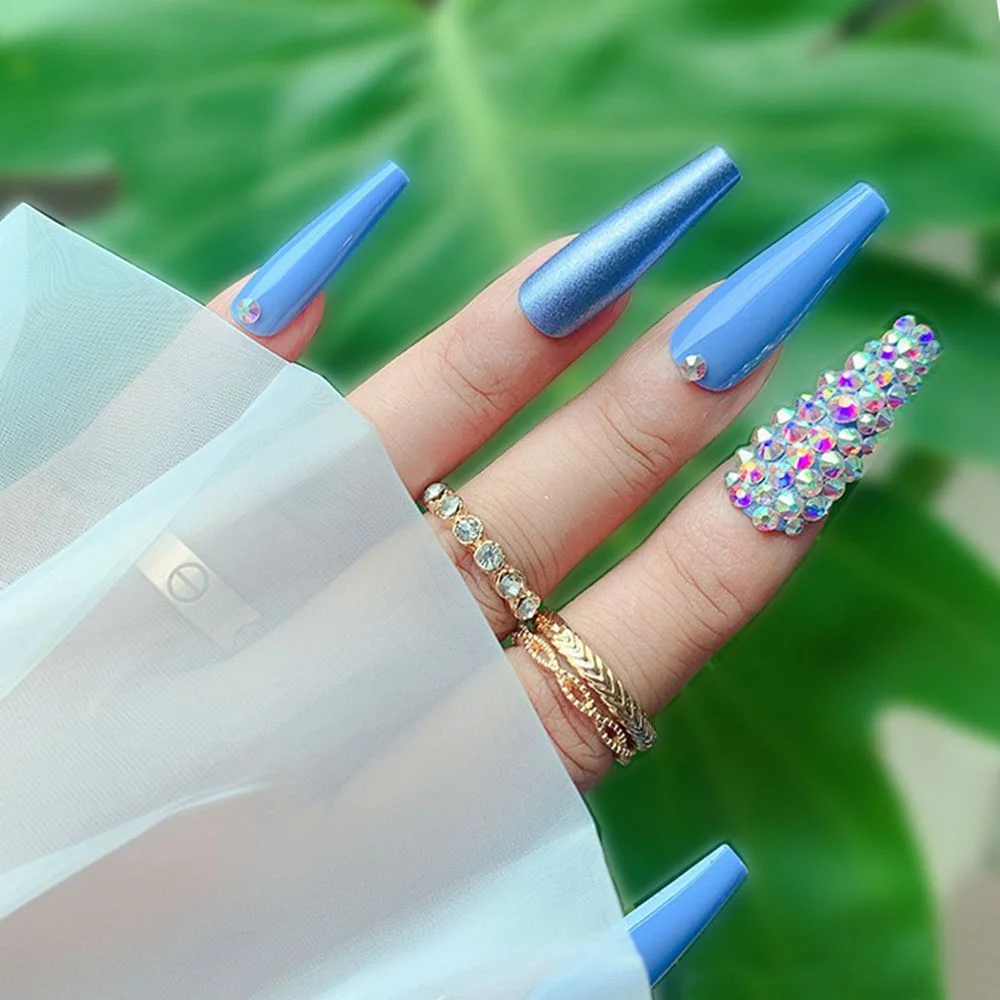 24Pcs/Box Rhinestone Long Coffin False Nails Artificial Ballerina Wearable Stiletto Fake Nails Full Cover Nail Tips With Glue