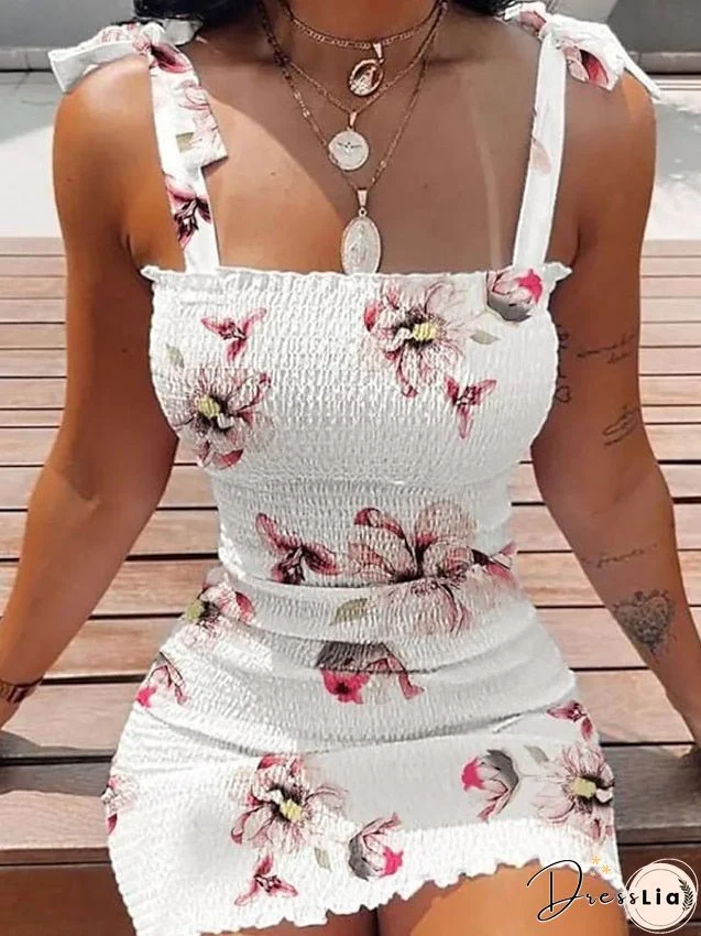 Bodycon Sheath Dress Slip Dress Mini Dress White Pink Blue Sleeveless Floral Ruched Spring Summer Square Neck Stylish Weekend Slim S M L XL XXL for Women