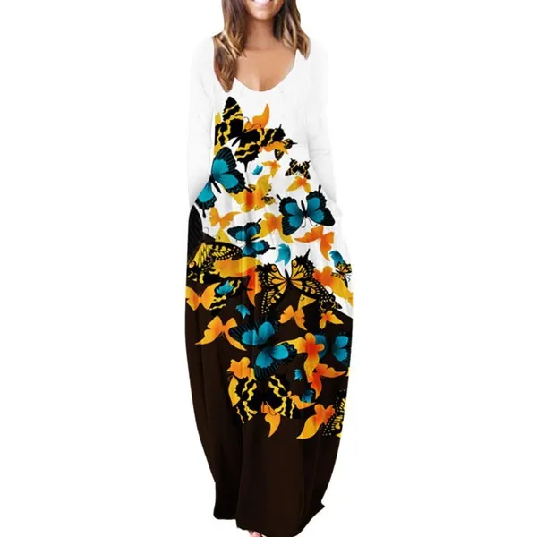Womens Loose Pocket Boho Vintage Hole Dress Full Long Sleeper Spring Party Beach Maxi Big