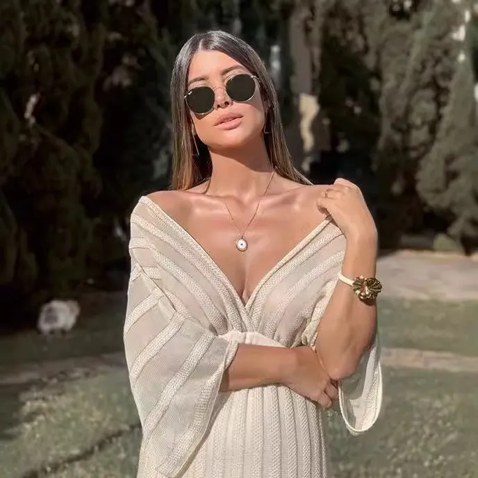 Uveng Uveng Summer New Women's Sexy Thin Dress V Collar Shawl Sleeve Hollow White Dress