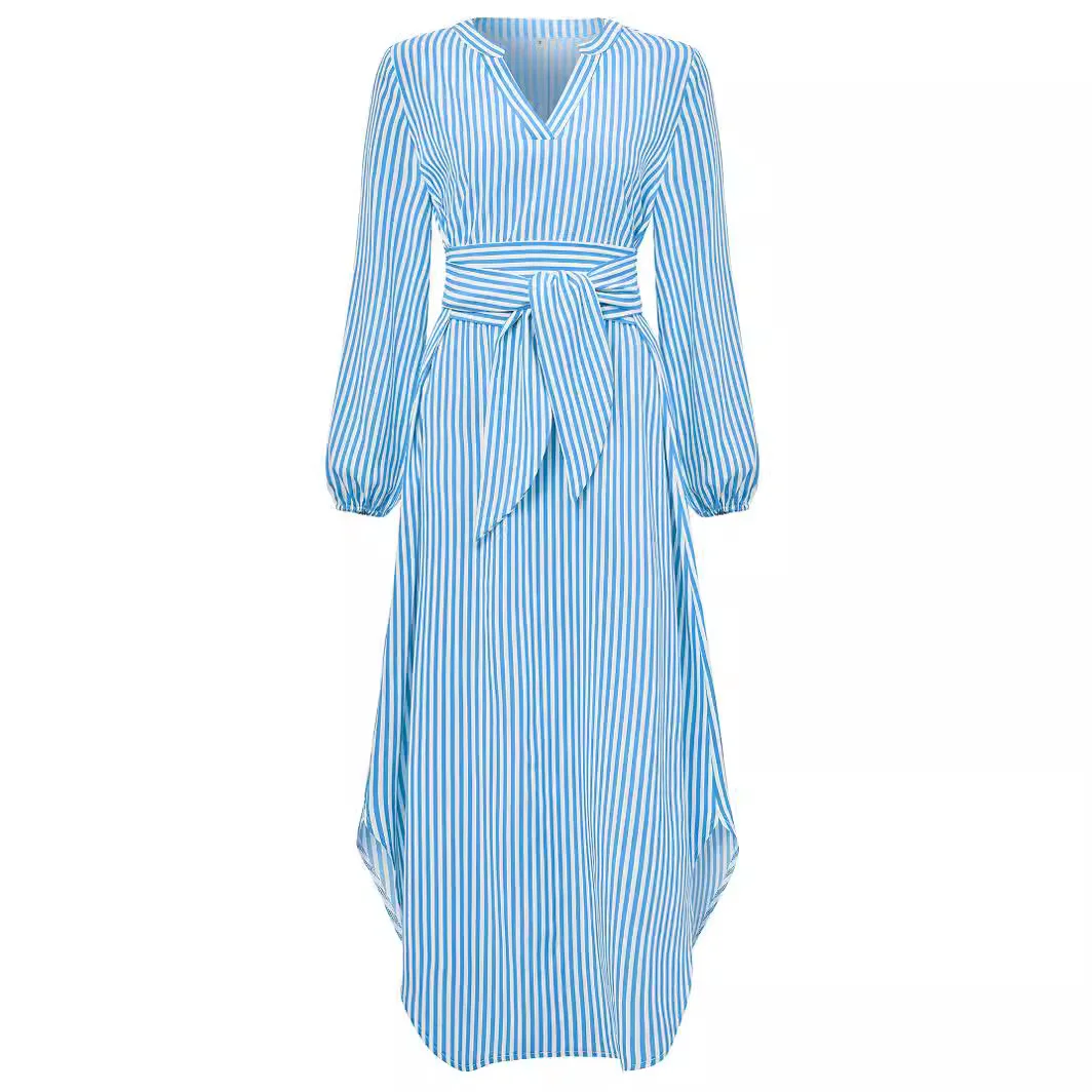 Woherb Woherb Autumn And Winter New Women's Casual V-Neck Stripe Strap Closed Waist Shirt Dress-Outfit Ideas
