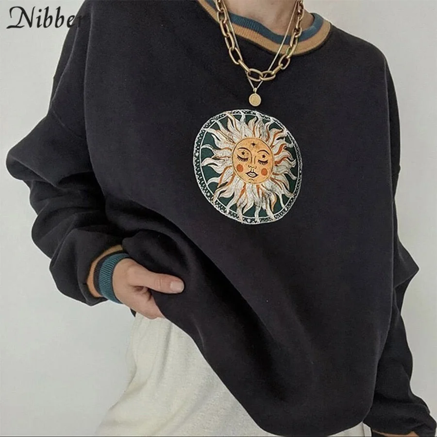 Nibber Casual College Style Pullover For Women Chic Graphic O-Neck Cute Streetwear Female Simple Basic Spring Fall Clother 2021