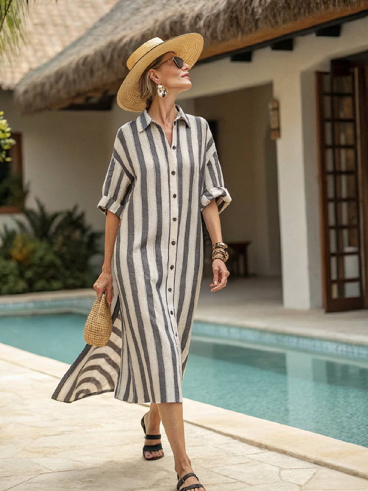 Cotton and linen women's resort shirt dress