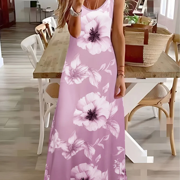Floral Print Spaghetti Dress, Casual Crew Neck Ankle Cami Dress, Women's Clothing