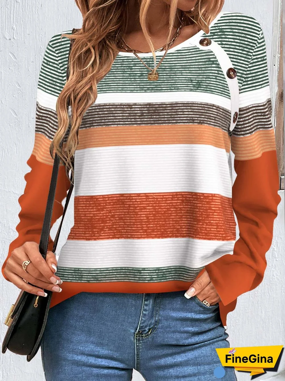 Women Long Sleeve Scoop Neck Graphic Printed Buttons Tops