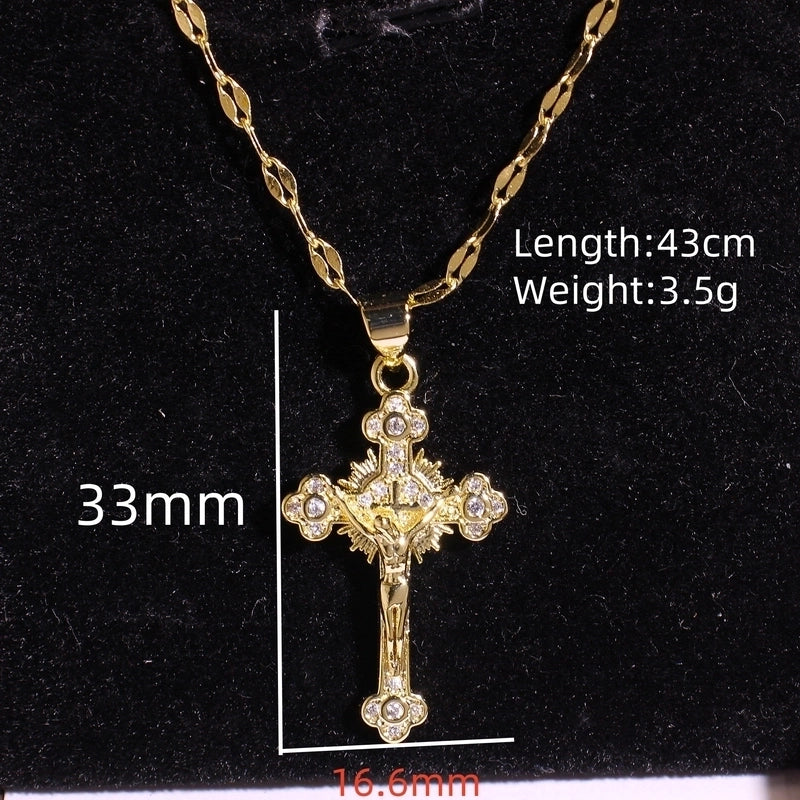 Vintage Style Religion Cross Jesus Copper Zircon 14K Gold Plated Plating Pendant Necklace